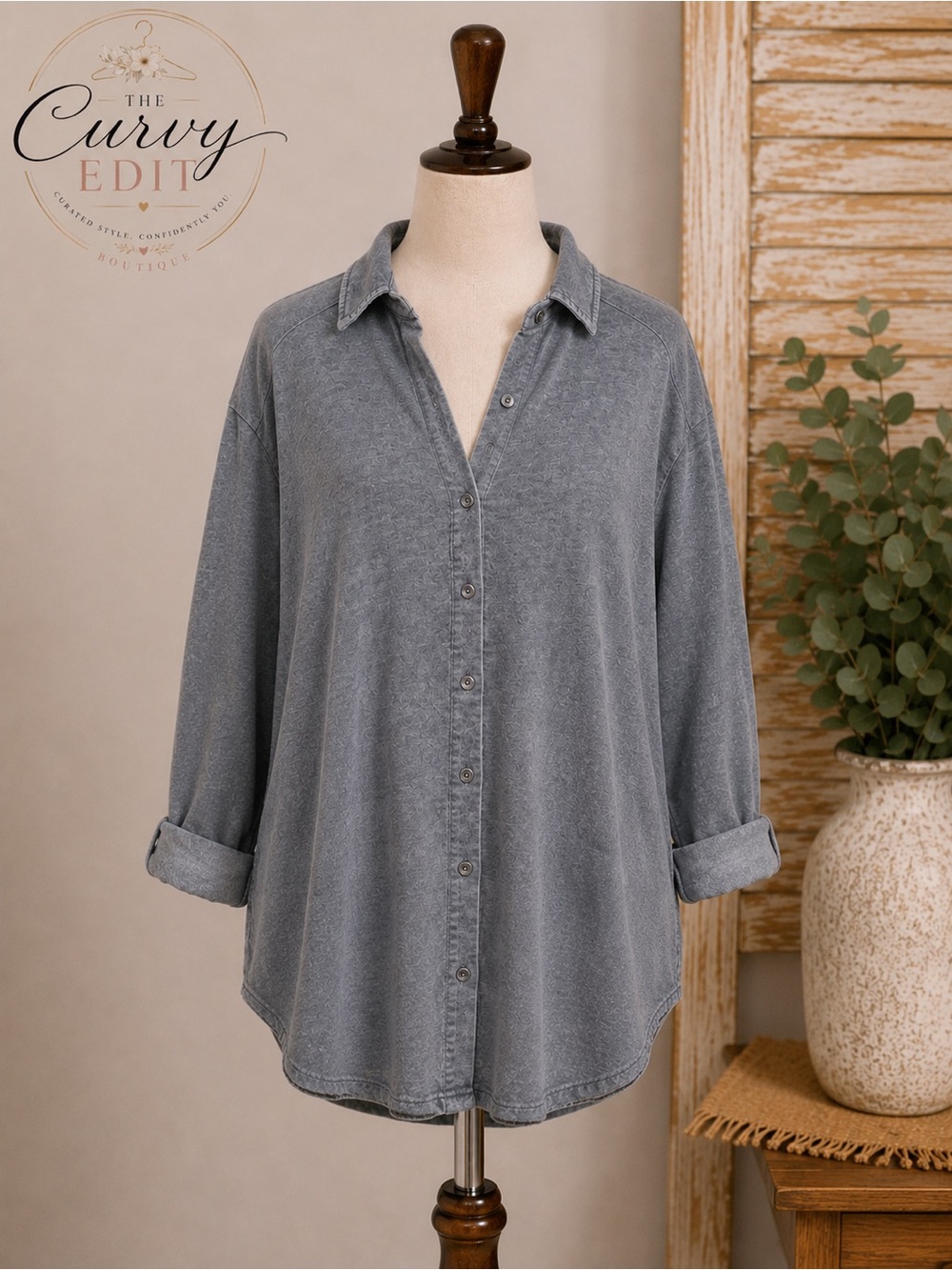 Jane + Delancey 1X Gray Mineral Wash Button Front Oversized Tunic Top Shacket